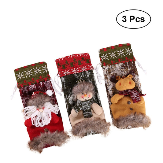 3pcs Christmas Wine Bottle Bags Covers Red Wine Bottle Drawstring Adorable Festive Bottle Holders Party Supplies (Santa/Snowman/Elk)